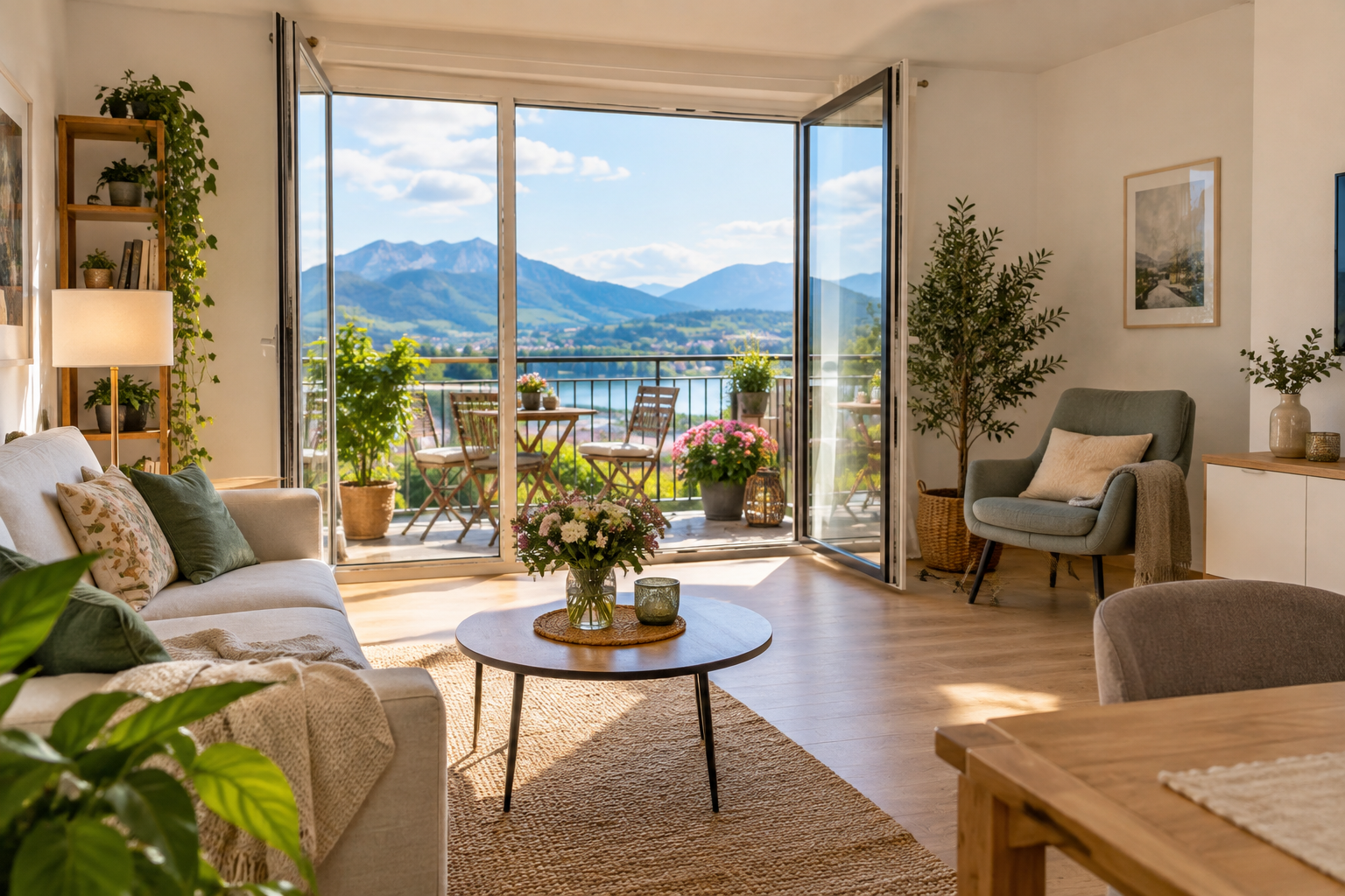 Heller kleiner Wohnraum mit Balkon und freundlicher Aussicht